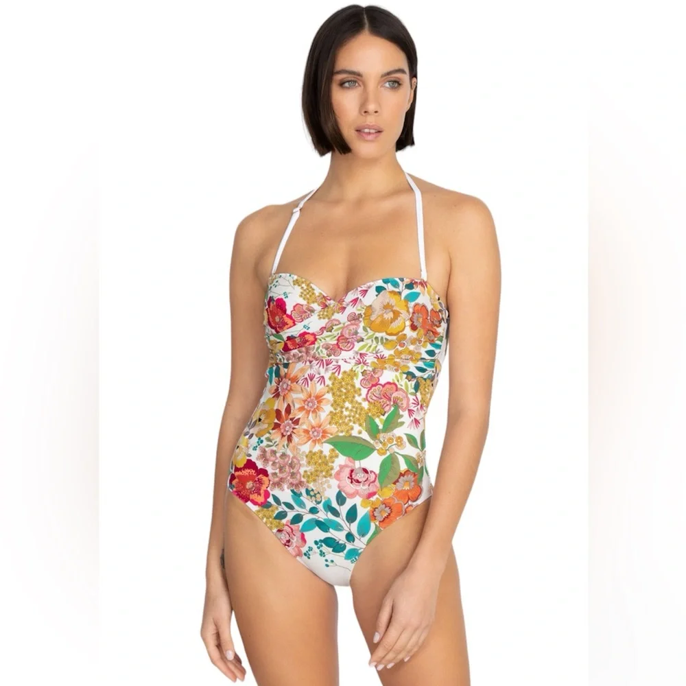 JOHNNY WAS Millo Twist Bra One Piece Swimsuit NEW Size S White Boho Floral